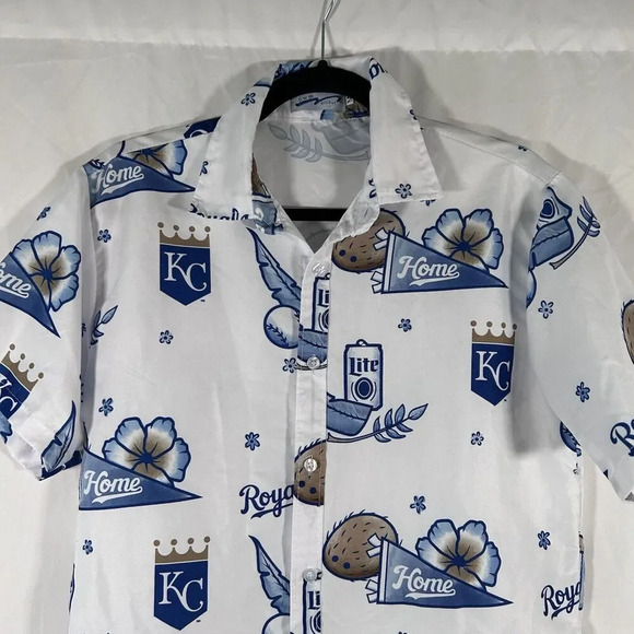 Royals Baseball Polo Shirt Men's Medium White Miller Light Button up Hawaiian - Picture 2 of 8